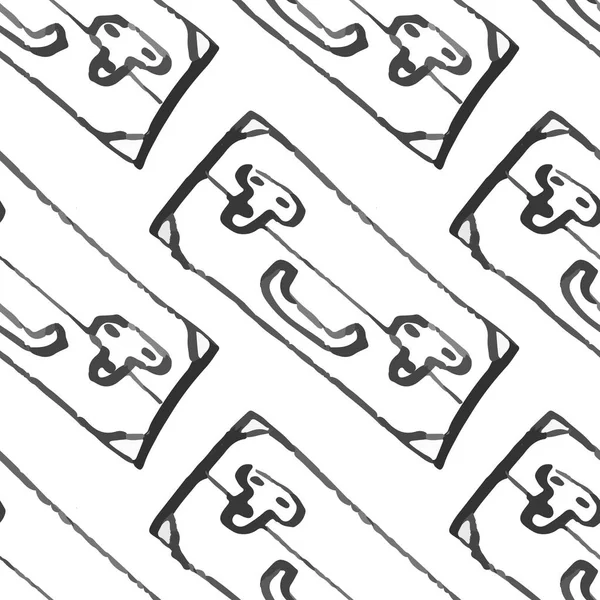 Bagaj seamless modeli seyahat. moda elle çizilmiş mürekkep stil üzerinde beyaz backgrownd izole siyah dağılımı satırlarla. Kağıt arka plan illüstrasyon kaydırma tekstil kumaş için tekrarlanabilir doku