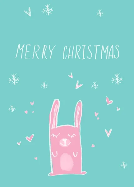 Hand Drawn Merry Christmas Card Poster Cute Funny Bunny Kid — Stock Photo, Image