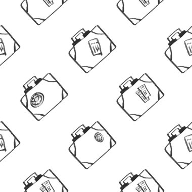 Bagaj seamless modeli seyahat. moda elle çizilmiş mürekkep stil üzerinde beyaz backgrownd izole siyah dağılımı satırlarla. Kağıt arka plan illüstrasyon kaydırma tekstil kumaş için tekrarlanabilir doku