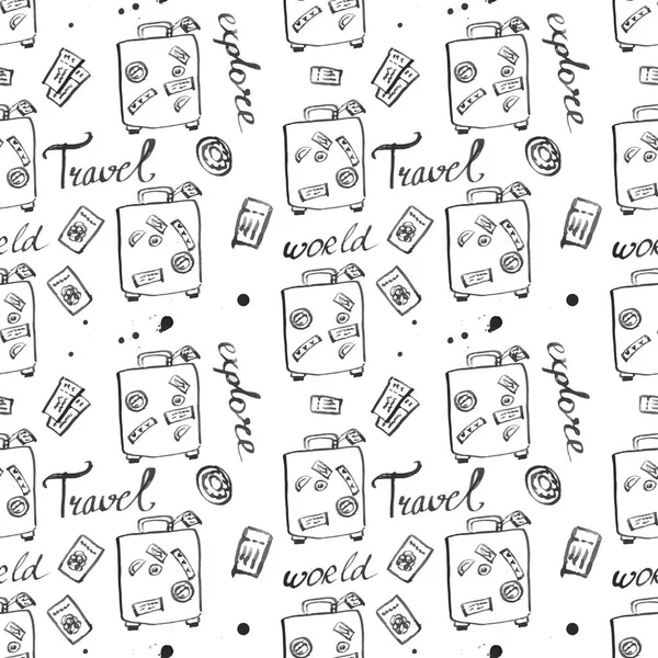 Travel Baggage Seamless Pattern Fashion Hand Drawn Ink Style Black — Stock Photo, Image