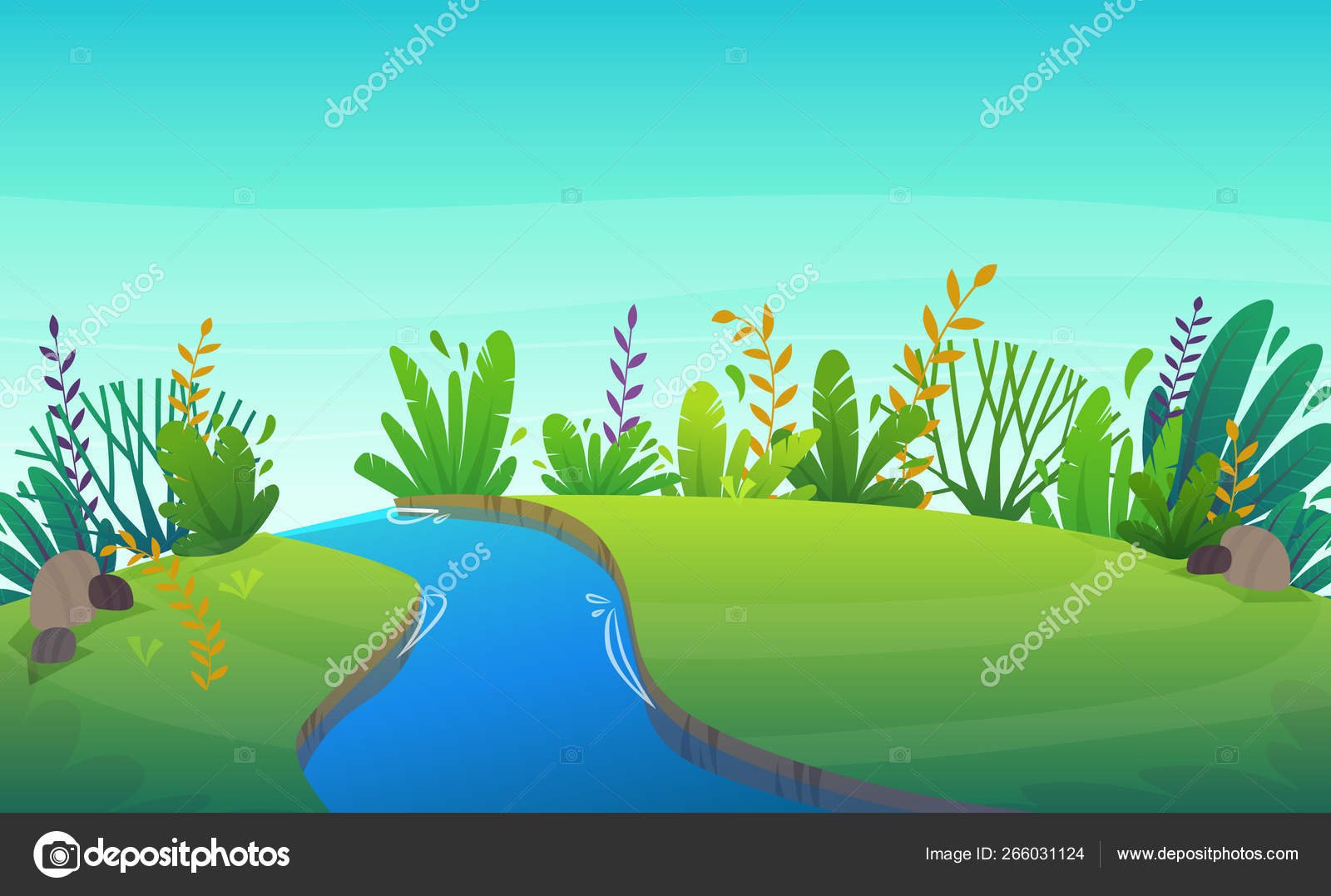 公園や森の木や茂みの花の風景の背景に川と緑の草の芝生 自然芝生生態