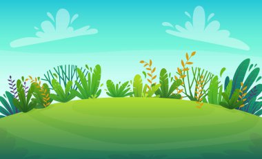 Park veya orman ağaçlarında yeşil çimen ızgara ve çalılar çiçek manzarası arka plan, doğa çimenlik ekoloji barış vektörü orman doğasının çizimi komik piknik tarzı manzara