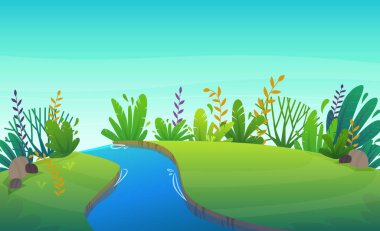 park veya orman ağaçları ve çalılar çiçekler sahne arka plan nehir ile yeşil çim çim , orman doğa mutlu komik karikatür tarzı manzara doğa çim ekoloji barış vektör illüstrasyon