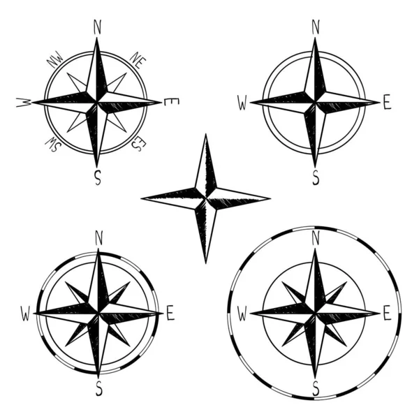 Brújula Rosa Vientos Mapa Gráfico Pintado Mano Conjunto Mar Piratas — Vector de stock