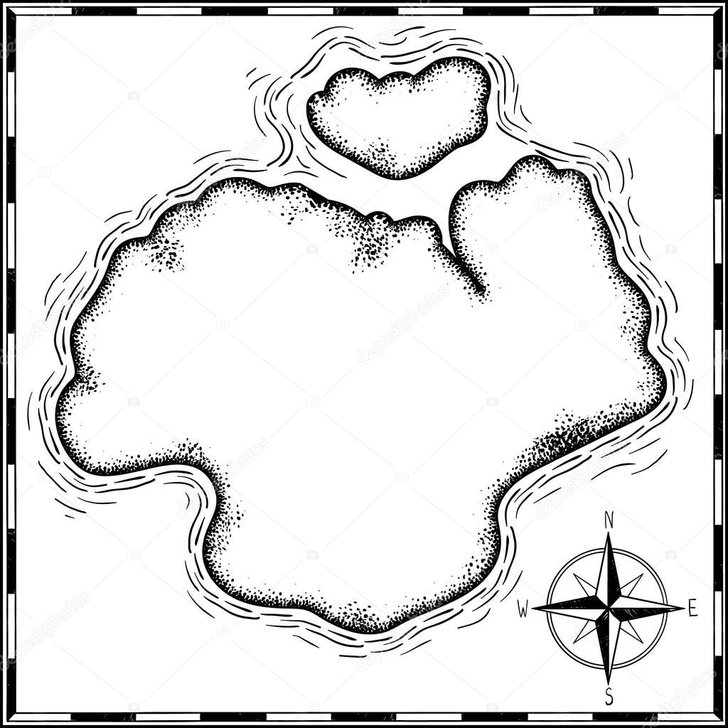pirates treasure map hand drawn cartoon black ink isolated on white , palms at uninhabited island cross sign way search gold chest , rose of wind compass north at sea or ocean , vector illustration