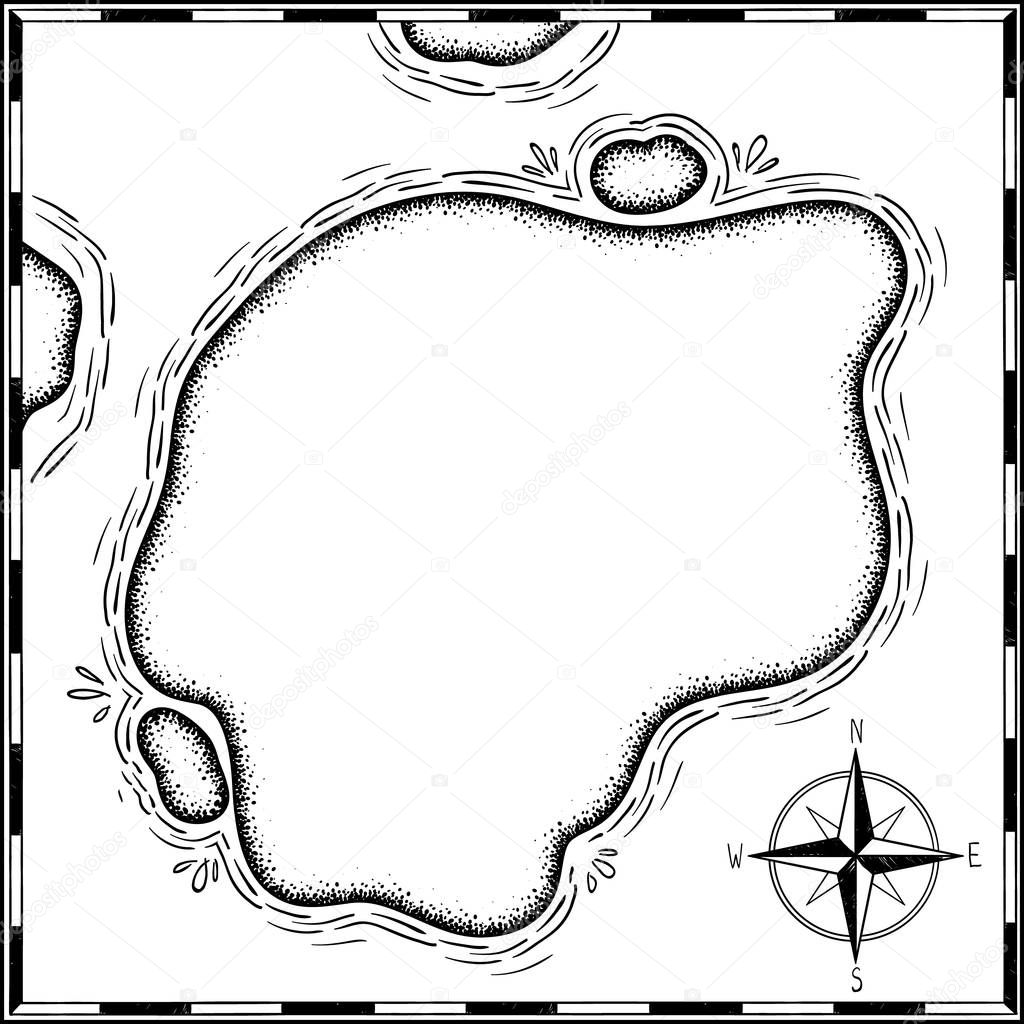 pirates treasure map hand drawn cartoon black ink isolated on white , palms at uninhabited island cross sign way search gold chest , rose of wind compass north at seaor ocean , vector illustration