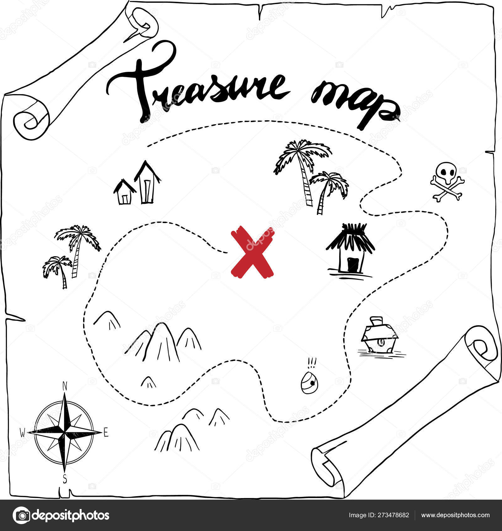 Pirates Treasure Map Hand Drawn Cartoon Black Ink Isolated White Stock  Vector Image by ©AnnaArtBox #273478682