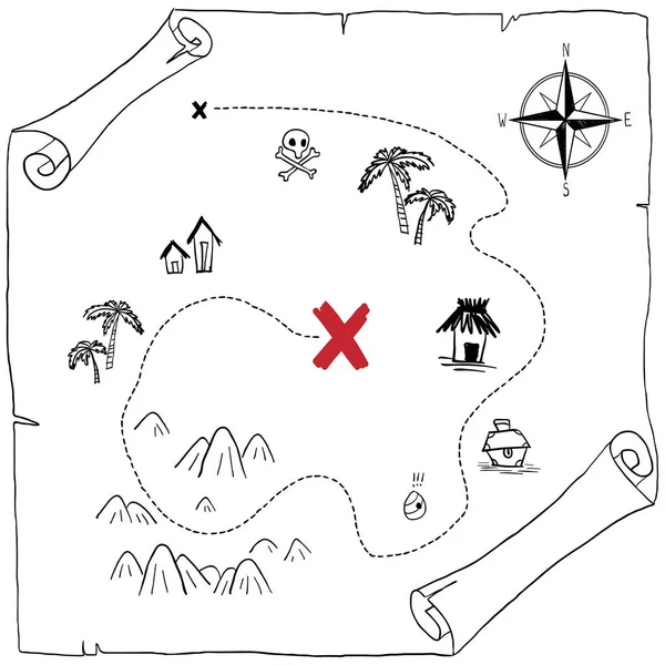 Pirater Treasure Map Handritade Tecknad Svart Bläck Isolerad Vitt Palmer — Stock vektor