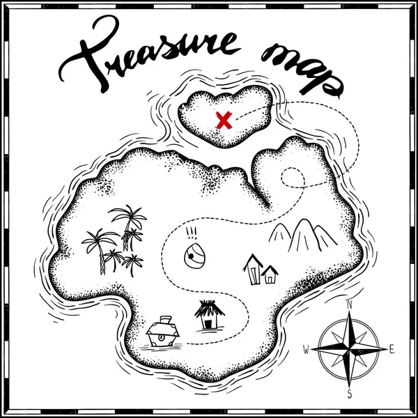pirates treasure map hand drawn cartoon black ink isolated on white , palms  at uninhabited island cross