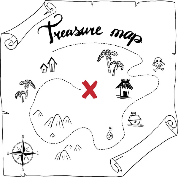 Pirater Treasure Map Handritade Tecknad Svart Bläck Isolerad Vitt Palmer — Stock vektor