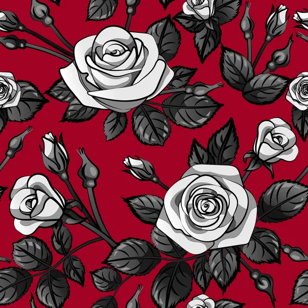 Gray White Roses Pattern Seamless Black Leafs Red Background Vector — Stock Vector