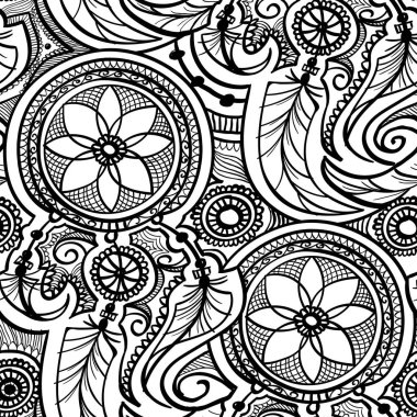 etnik kabile dikişsiz desen arka plan , beyaz çizgi yuvarlak şekil süsleme doodle siyah . el boğma mandala hint asya duvar kağıdı vektör illüstrasyon