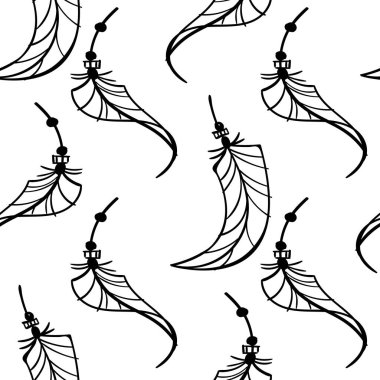 tüy desen eğrisi boho takı dikişsiz süs , yaprak tüyleri şekli , siyah beyaz izole , baskı tekstil için el çizilmiş vektör illüstrasyon duvar kağıdı arka plan 