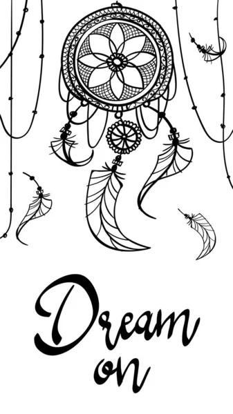 Sonho Impressão Moda Design Mehndi Tatuagem Dreamcather Com Penas Contorno — Vetor de Stock