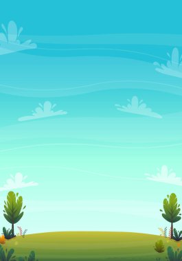 Park veya orman ağaçlarında yeşil çimen çayırları ve çalılar çiçek manzarası arka plan, doğa çimenlik ekoloji barış vektörü orman doğasının mutlu çizgi film tarzı manzarası.