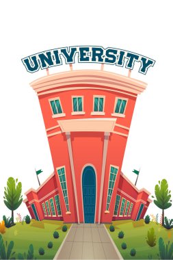 öğrenciler için üniversite kampüs binası salon eğitimi karikatür vektör illüstrasyon , kardeşlik akıllı nerd sınıfları hipster gençler meslek seçimi gelecek bilgi günü