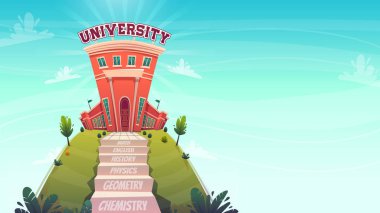 eğitim kavramı , sınıflar adım merdiven tu bilgi üniversitesi , iyi iş mezuniyet metin matematik kimya yolu ile merdiven . vektör catroon komik düz stil illüstrasyon