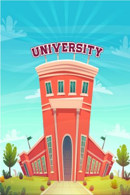 öğrenciler için üniversite kampüs binası salon eğitimi karikatür vektör illüstrasyon , kardeşlik akıllı nerd sınıfları hipster gençler meslek seçimi gelecek bilgi günü