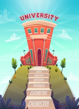eğitim kavramı , sınıflar adım merdiven tu bilgi üniversitesi , iyi iş mezuniyet metin matematik kimya yolu ile merdiven . vektör catroon komik düz stil illüstrasyon