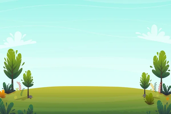 Зеленая Трава Луг Парке Лесных Деревьев Кустарников Цветы Декорации Фон — стоковый вектор