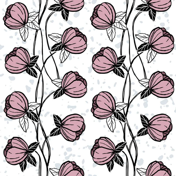 黒と白の花のシルエットは 葉のシームレスなパターン 繰り返し可能なベクトルテクスチャタイルの正方形と芽をアウトライン スキャンディナヴィア モダン Print — ストックベクタ