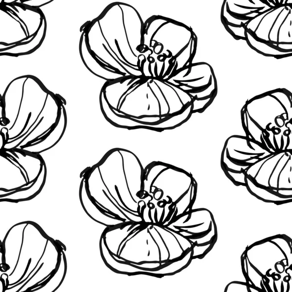 Fekete Fehér Virágok Sziluett Körvonal Rügyek Levelek Zökkenőmentes Minta Megismételhető — Stock Vector