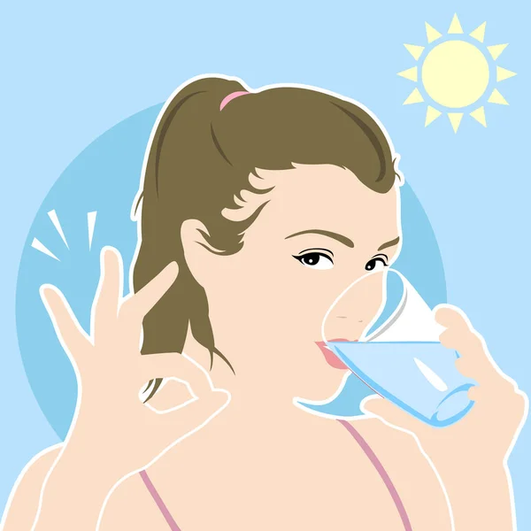 Mujer Europea Bebe Agua Con Mano — Vector de stock