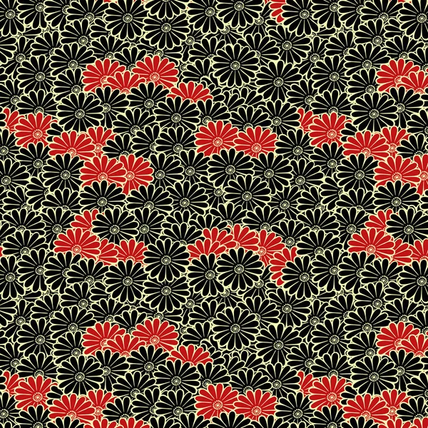 Patrón Japonés Negro Rojo Flor Inconsútil — Vector de stock