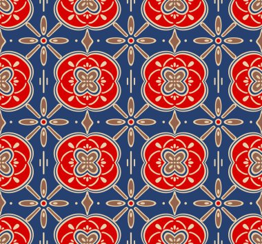 Japon Hippi Kırmızı Lacivert Çiçek Dikişsiz Desen