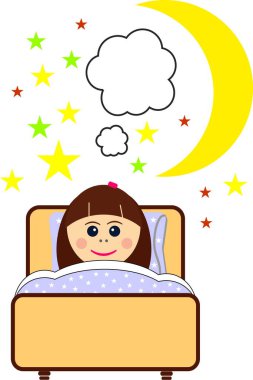 Küçük kız, gece yarısı yıldızlarla ve ayla yatağında rüya görüyor.