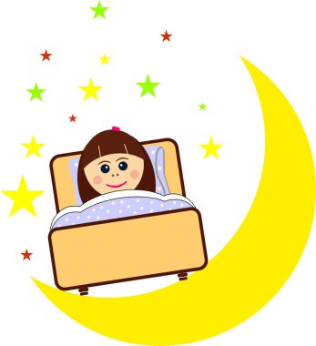 Küçük kız yatağında uyuyor, gece yarısı yıldızlarla ve ayla