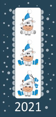 Noel ve Ner Yılı caqrd Noel Baba şapkalı şirin inek ve eldivenli, sembol 2021