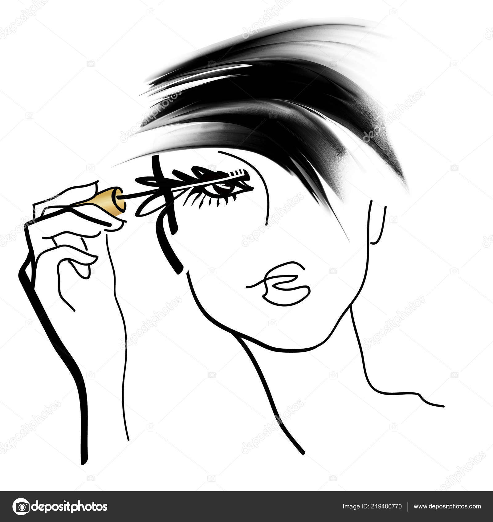 Sketch young girl puts makeup face stock photo