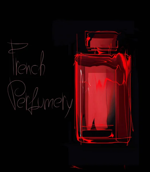Schets Van Een Fles Met Frans Parfum Een Zwarte Achtergrond — Stockfoto