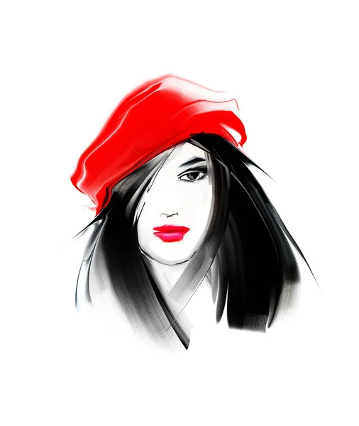 Portrait Une Fille Mode Dans Béret Rouge — Photo