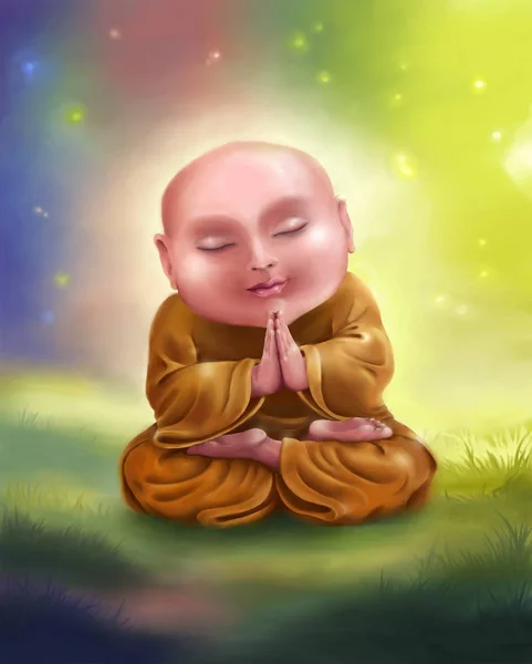 Nilüfer Çiçekli Budist Keşişin Meditasyon Konsepti Işık Altında Poz Veriyor — Stok fotoğraf