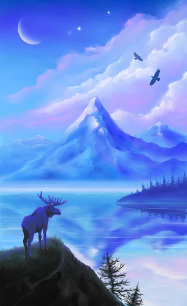 Eland Silhouet Een Bos Meer Achtergrond Noordelijk Landschap — Stockfoto