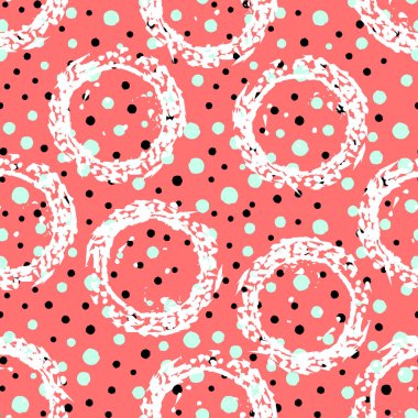 Tekstil, ambalaj kağıdı, kumaş ve vb için siyah noktalar ve beyaz noktalar ile Dikişsiz pembe desen Soyut el çizilmiş desen. 