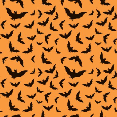 Turuncu arka plan ile Yarasalar Halloween dikişsiz desen. Yarasalar siluet vektör arka plan.