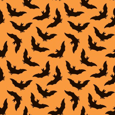 Turuncu arka plan ile Yarasalar Halloween dikişsiz desen. Yarasalar siluet vektör arka plan. 