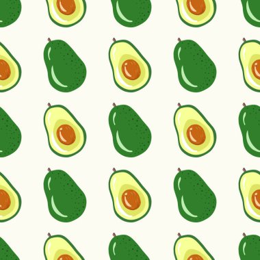 Avokado ile dikişsiz vektör deseni. Mutfak için avokado illüstrasyon, tekstil, telefon kılıfı, kumaş ve dekor baskı için