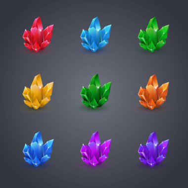 Sihirli kristaller seti. İzole beyaz arka plan vektör illüstrasyon kristalleri toplama. Taş iyileştirici enerji. Ametist, topaz, sitrin, gül kuvars, kyanit, yakut, yeşil değerli taş