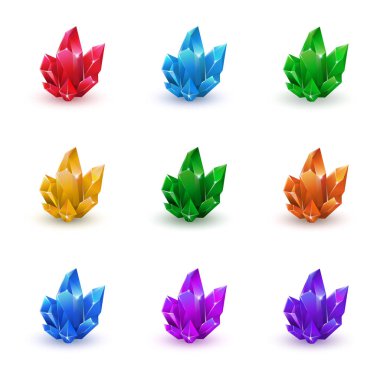 Sihirli kristaller seti. İzole beyaz arka plan vektör illüstrasyon kristalleri toplama. Taş iyileştirici enerji. Ametist, topaz, sitrin, gül kuvars, kyanit, yakut, yeşil değerli taş