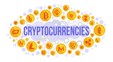 Cryptocurrency vektör arka plan - bitcoin, litecoin, ethereum, monero, ripple, zcash, dash, stratis, nem, featerhcoin, binance, namecoin, cardano, bitshares, bytecoin