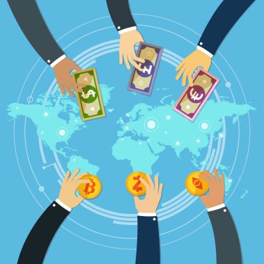 Cryptocurrencyes yatırım görsel kavramı. İşadamı elinde Kripto paraları tutuyor. Başarılı Trader. Kripto para değişimi
