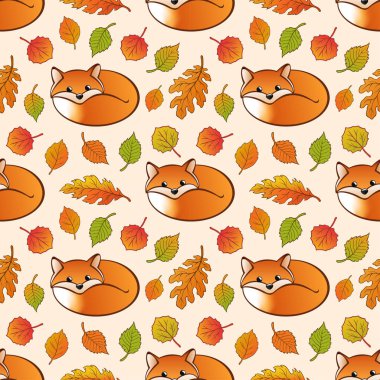 Elle çizilmiş tilki deseni. Yaprak ve Tilkiler ile Dikişsiz Sonbahar Deseni. Sevimli karikatür tilki