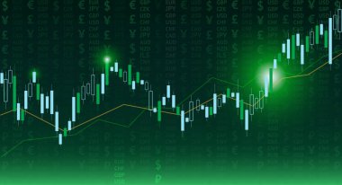 Mum çubuğu borsa arka plan vektörü. Dünya para birimleri sembolleri ile Forex yeşil arka plan