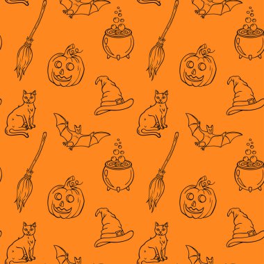 Cadılar Bayramı el sorunsuz desen çizilmiş. Kabaklar, Jack-o'-fener, kediler, yarasalar, süpürgeler, örümcekler, şekerler, mumlar, örümcek ağı ve sonbahar yaprakları ile Halloween Desen.