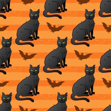 Siyah kedi ve yarasalar ile Halloween vektör arka plan. Yarasa silueti ve kedi ile Çizgili Halloween desen. 