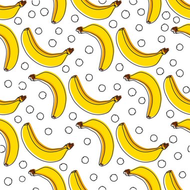 Arka planda sarı muz dikişsiz vektör deseni. Duvar kağıtları için el çizilmiş muz desen, desen dolgular, arka planlar, yüzey dokular, tekstil. ambalaj kağıdı. 